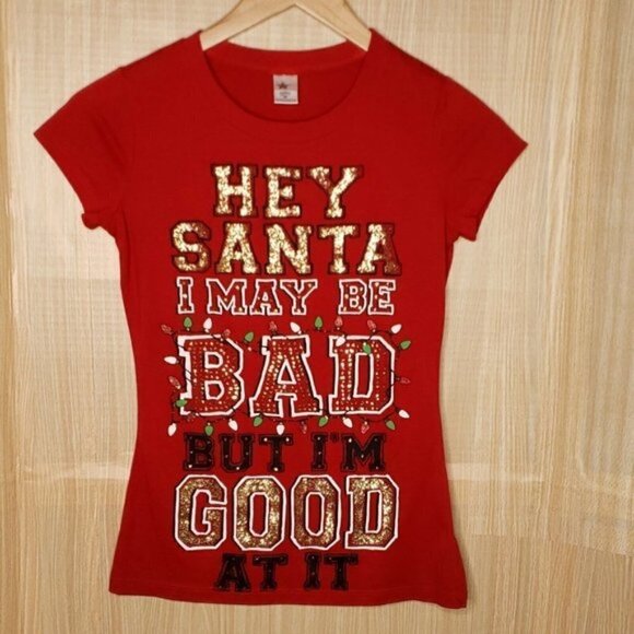 Christmas Red Hey Santa Sparkle T-shirt. Medium - Picture 1 of 6